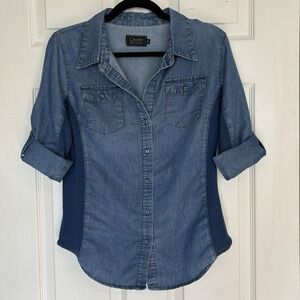 Cavalini Denim Collection Top Size Small, 3/4 Roll Tab Sleeve Shirt Blue Cowgirl